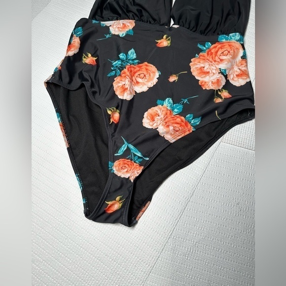 FLORAL SWIMSUIT XL One Piece Halter Back Out Deep V Neck Plunge Wireless Women - Picture 3 of 12